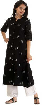 Pistaa Women Printed Frontslit Kurta(Black)