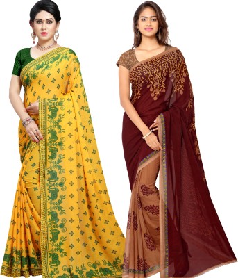 Anand Printed Daily Wear Georgette Saree(Pack of 2, Green, Brown, Yellow)