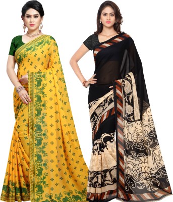 kashvi sarees Paisley, Striped, Floral Print Daily Wear Georgette Saree(Pack of 2, Green, Black, Yellow, Cream)