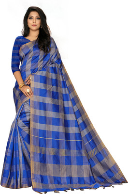 BHAKTI BHUSHAN CREATION Checkered Bollywood Silk Blend Saree(Gold, Blue, Beige)