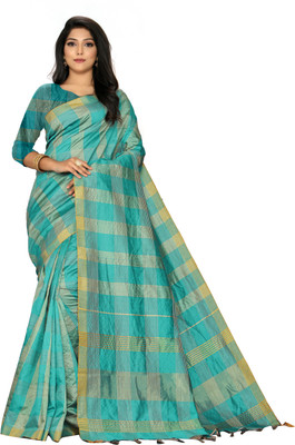BHAKTI BHUSHAN CREATION Checkered Bollywood Silk Blend Saree(Light Blue, Gold, Beige)