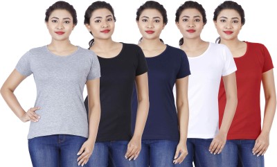 Fleximaa Solid Women Round Neck Red, White, Blue, Black, Grey T-Shirt
