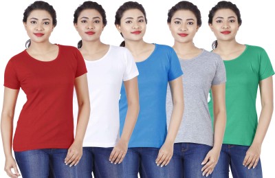 Fleximaa Solid Women Round Neck Red, White, Green, Blue, Grey T-Shirt