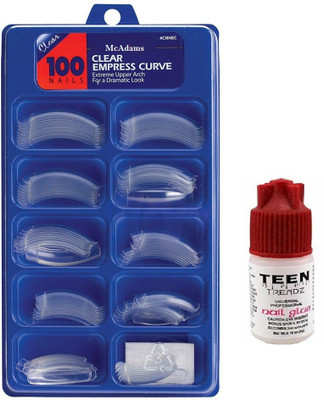 McAdams Empress Curve Premium Quality Transparent Acrylic Fake Nails with Glue Transparent(Pack of 100)