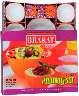 Bharat Plastic Dessert Bowl Lotus Pudding Set (Orange) - 13 Pcs (1 Serving Bowl,6 Small Bowl, 6 Spoons)(Pack of 13, Orange)