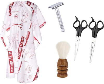 Angel Infinite Combo Of Hair Cutting Apron Cape (White), Safety Razor (Silver), Scissors (Black), Paddle Hair Brush Set of 5(5 Items in the set)
