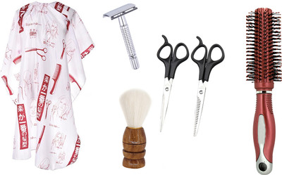 Angel Infinite Combo Of Hair Cutting Apron Cape (White), Safety Razor (Silver), Scissors (Black), Round Hair Brush and Shaving Brush Set of 6(6 Items in the set)
