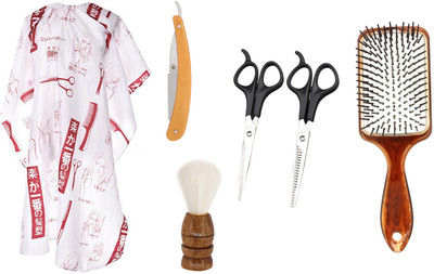 Angel Infinite Combo Of Hair Cutting Apron Cape (White), Straight Razor (Yellow), Scissors (Black), Paddle Hair Brush and Shaving Brush Set of 6(6 Items in the set)