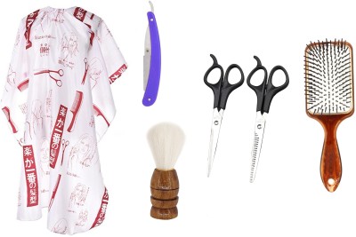 Angel Infinite Combo Of Hair Cutting Apron Cape (White), Straight Razor (Blue), Scissors (Black), Paddle Hair Brush and Shaving Brush Set of 6(6 Items in the set)