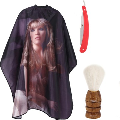 Angel Infinite Combo Of Hair Cutting Apron Cape (Printed), Straight Razor (Red), and Shaving Brush (Brown) Set of 3(3 Items in the set)