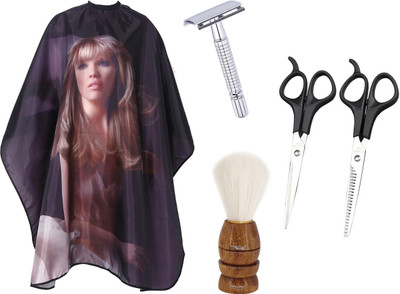 Angel Infinite Combo Of Hair Cutting Apron Cape (Printed), Safety Razor (Silver), Scissors (Black), Paddle Hair Brush Set of 5(5 Items in the set)