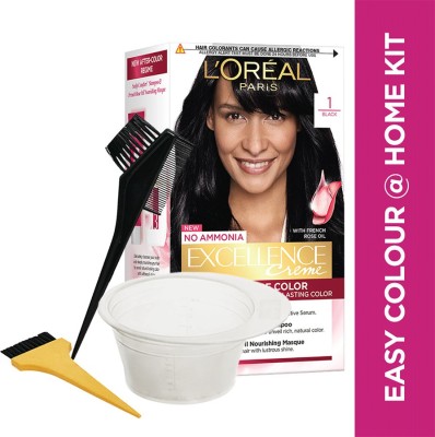 L'Oreal Paris Excellence Creme Hair Color, 1 Black With Bowl & Brushes  (3 Items in the set)