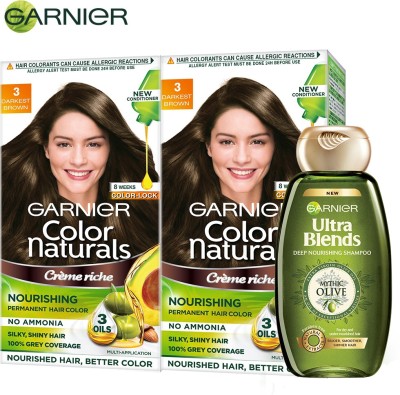 Garnier Color Naturals Crme Hair Color - Shade 3 Darkest Brown, 70ml+60g + Ultra Blends Shampoo, Mythic Olive, 360ml (Pack of 2) , Shade 3, Darkest Brown