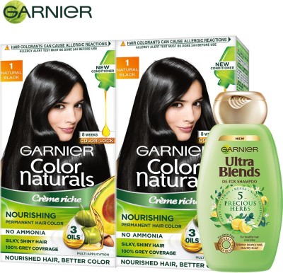 Garnier Color Naturals Crme Hair Color - Shade 1 Natural Black, 70ml+60g + Ultra Blends Shampoo, 5 Precious Herbs, 340ml (Pack of 2) , Shade 1, Natural Black