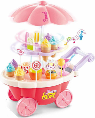 Pulsbery 30pcs Mini Sweet Cart Pretend Play Ice Cream Sweet Shop Lighting Music Children Educational Plastic Co-play Kitchen Toys Set