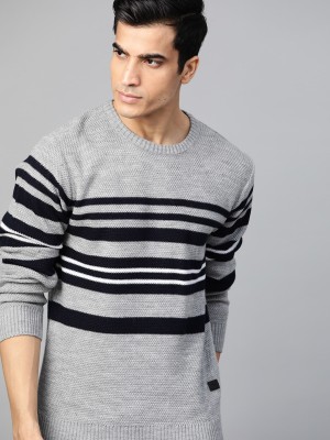 Roadster Self Design Round Neck Casual Men Grey Sweater