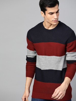 Roadster Striped Round Neck Casual Men Dark Blue Sweater