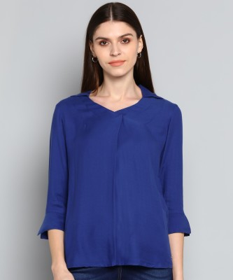 PARK AVENUE Casual 3/4 Sleeve Solid Women Blue Top