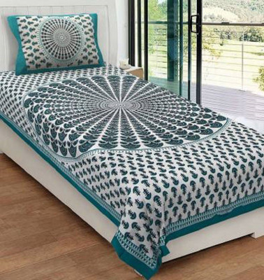 RIYA FABRICS 104 TC Cotton Single Jaipuri Prints Flat Bedsheet(Pack of 1, Green)