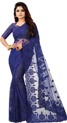 PRAGATI DESIGNER Embroidered Bollywood Net Saree(Blue)