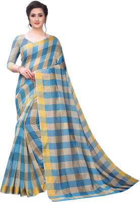 HashTag Fashion Checkered, Dyed Chanderi Cotton Silk, Cotton Linen Blend Saree(Blue)