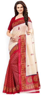 AAENA Woven Bhagalpuri Cotton Silk Saree(White, Pink)