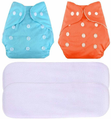Baby Hashtag Reusable Button Diaper With 5 Layer Inserts Sky Blue and Orange Pack of 4 (2 Diapers 2 Liners) - S - M - S - M(4 Pieces)