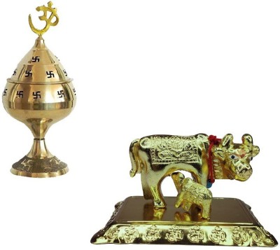 De-Ultimate Combo Of Brass ( No.1 )Jali Jyoti Deep with Stand With Kamdhenu ( No 2 ) Brass Cow with Calf For Puja Purpose Brass(2 Pieces, Gold)