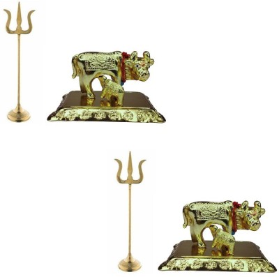 De-Ultimate Combo of 2 Pcs Trishul ( 2 No ) Statue With Round Stand With 2 Pcs Kamdhenu ( No 2 ) Brass Cow with Calf For Puja Purpose Brass(4 Pieces, Gold)
