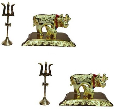 De-Ultimate Combo of 2 Pcs Trishul ( 1 No ) Statue With Round Stand With 2 Pcs Kamdhenu ( No 2 ) Brass Cow with Calf For Puja Purpose Brass(4 Pieces, Gold)