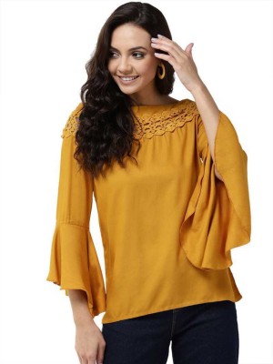 Fellamo Casual Bell Sleeve Solid Women Yellow Top