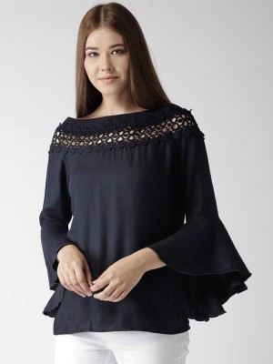 FASHION FLY Casual Flute Sleeve Solid Women Blue Top