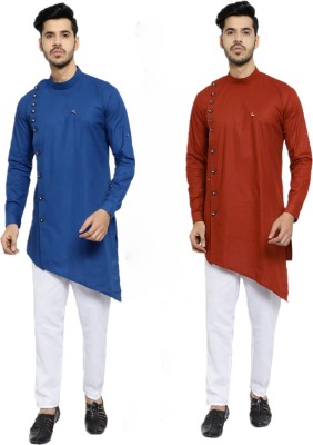 PRO ETHIC Men Solid Asymmetric Kurta(Light Blue, Orange)