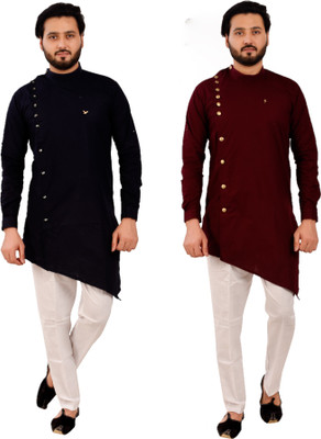PRO ETHIC Men Solid Asymmetric Kurta(Dark Blue, Maroon)