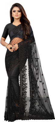 Yashvi Designer Embroidered Bollywood Net Saree(Black)