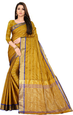 BHAKTI BHUSHAN CREATION Striped Bollywood Silk Blend Saree(Gold)
