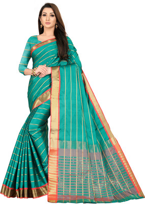 BHAKTI BHUSHAN CREATION Striped Bollywood Silk Blend Saree(Red)
