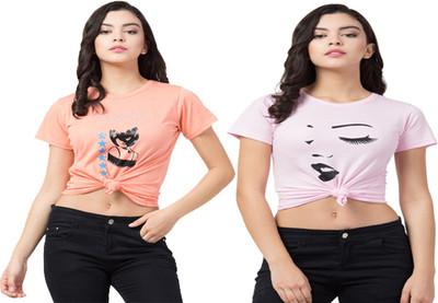 AMULYAM FASHION Printed Women Round Neck Pink T-Shirt(Pack of 2)