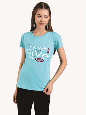 KOTTY Printed Women Round Neck Light Blue T-Shirt