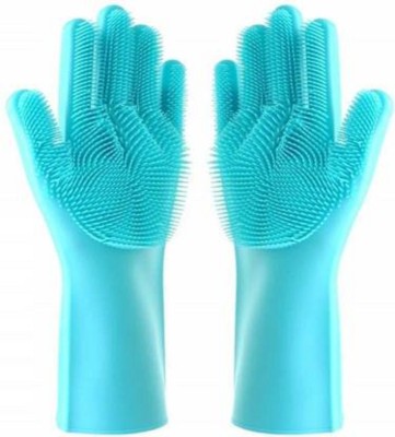 Nikku creation Silicone Gloves with Wash Scrubber, Reusable Brush Heat Resistant Gloves Kitchen Tool for Cleaning, Dish Washing Wet and Dry Glove Set(Free Size Pack of 2)