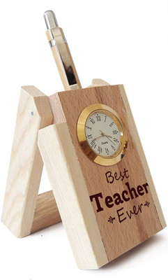 urban kiosk 1 Compartments Wooden Pen Holder With Clock(Beige)