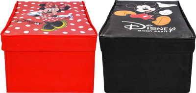 DISNEY Designer Mickey Minnie Mouse Print Non Woven 2 Pieces Fabric Foldable Cloth Storage Wardrobe Organiser Box with Lid, Extra Large (Black & Red)-KUBDART1730 KUBDART01730(Black & Red)