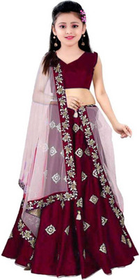 Manav fashion Girls Lehenga Choli Ethnic Wear Embroidered Lehenga, Choli and Dupatta Set(Maroon, Pack of 1)