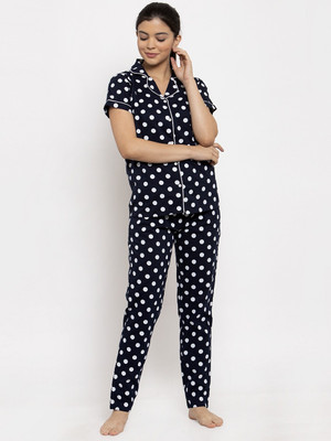 Claura Women Printed Dark Blue Shirt & Pyjama set