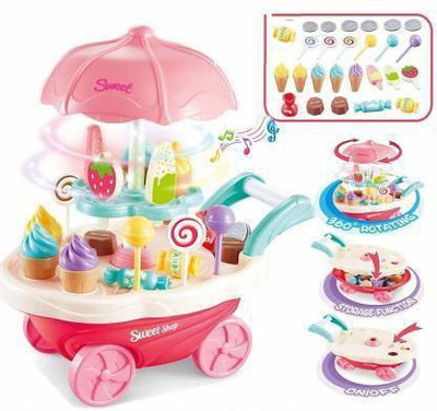 ZOSI Sweet Treats Ice Cream Set Toy for Kids and Girls Kitchen Play Cart Playset Toy with Lights , Music and Candies Pretend Toys