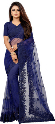 Yashvi Designer Embroidered Bollywood Net Saree(Blue)