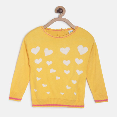 MINI KLUB Self Design Round Neck Casual Baby Girls Yellow Sweater