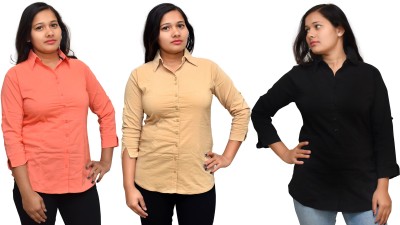 Kundan Casual 3/4 Sleeve Solid Women Black, Orange, Beige Top