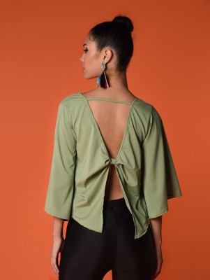 Chimpaaanzee Casual Bell Sleeve Solid Women Green Top