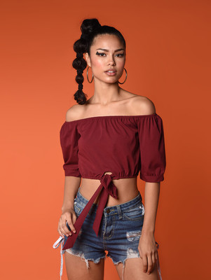 Chimpaaanzee Casual Half Sleeve Solid Women Maroon Top